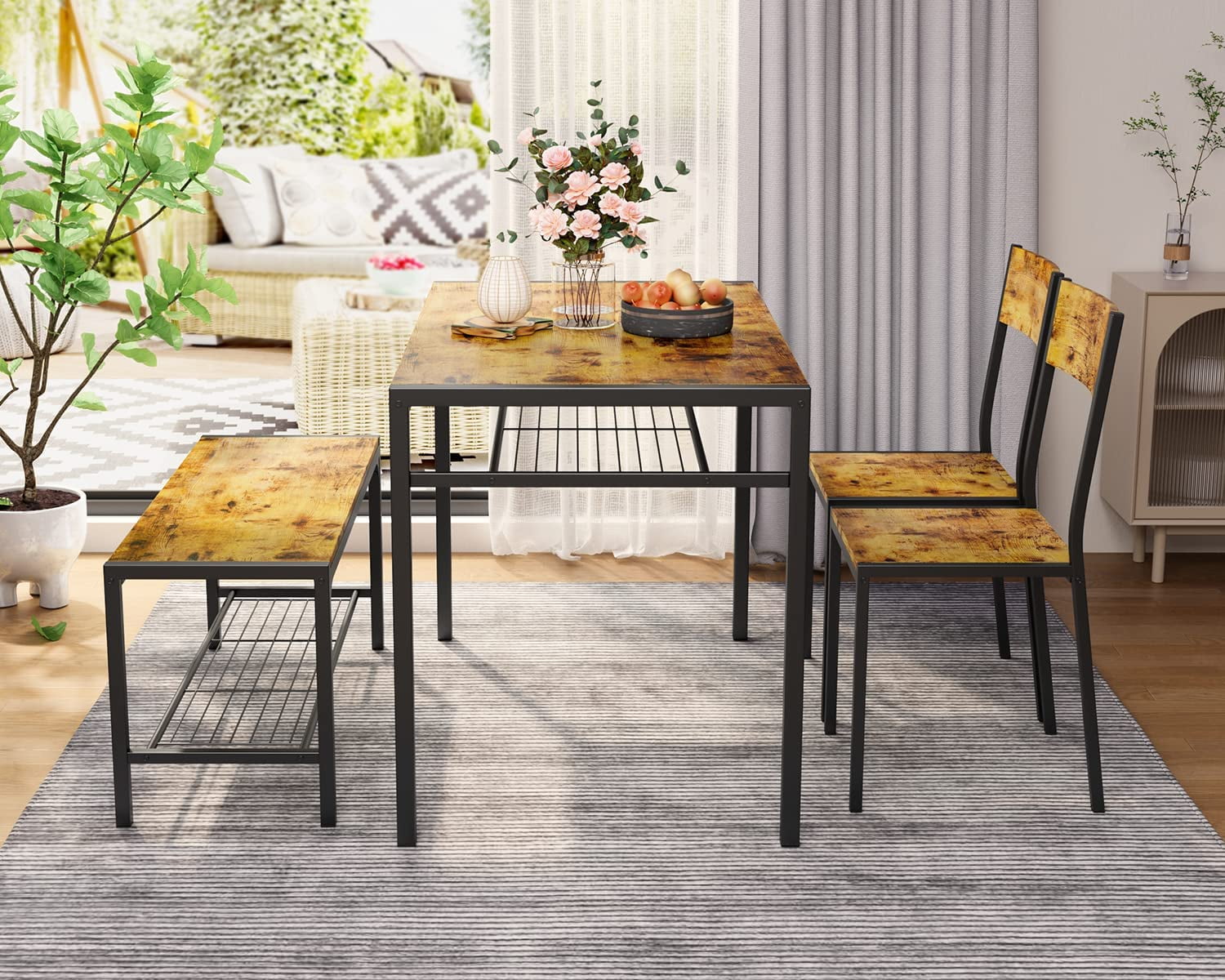Lofka Retro Wooden Dining Table Set for 4 with Storage Bench Rack for Dining Room & Kitchen