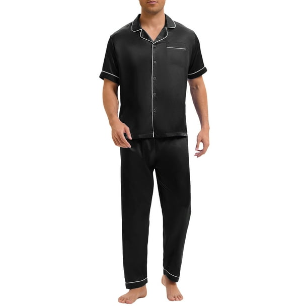 INSPIRAR CHIC Conjunto de Pijamas de Satén para Hombre de Manga Corta con Botones y Pantalones Cortos de Dormir 2 Piezas S Negro