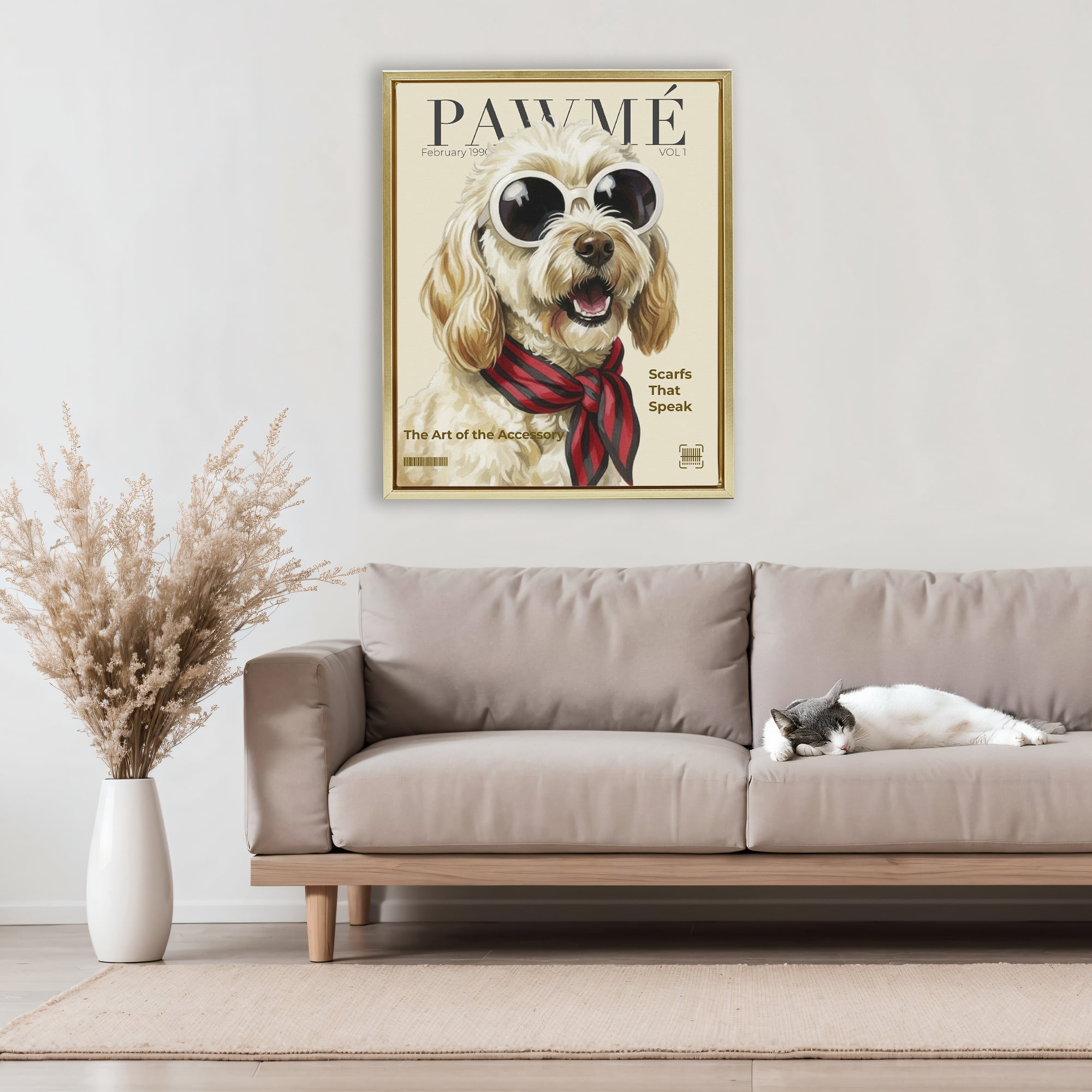 Stupell Industries Pawme Dog Fashion Magazine Gold Framed Floater Canvas Wall Art, design by A Barefoot Stylist