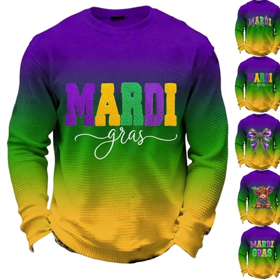 Gamivast Mardi Gras Shirts for Men Waffle-Knit Long Sleeve Oversized Graphic Crewneck Sweatshirts Soft Casual Daily Work & Streetwear Pullover