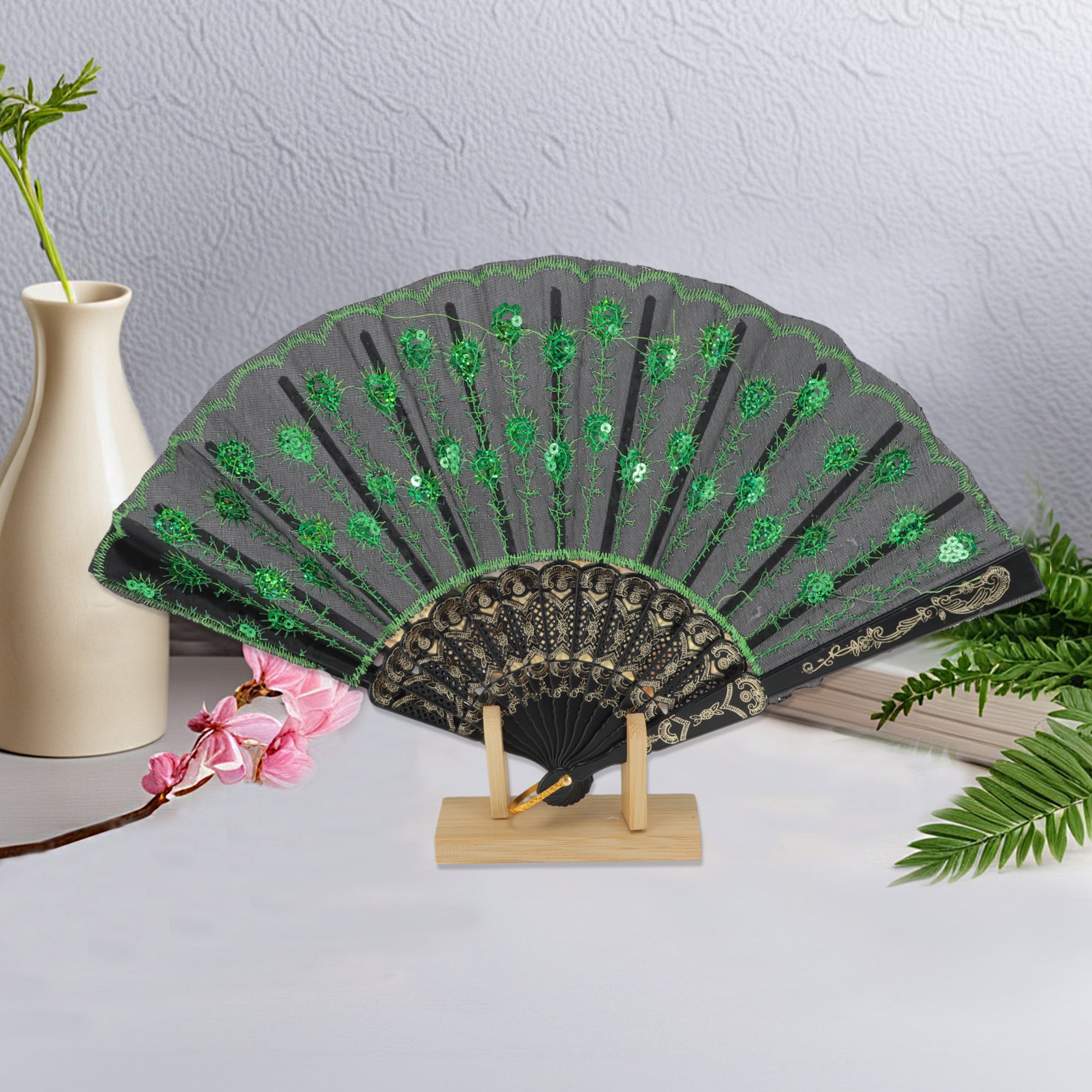 Unique Bargains Beautiful Sequins Folding Fan 1 Pc Green