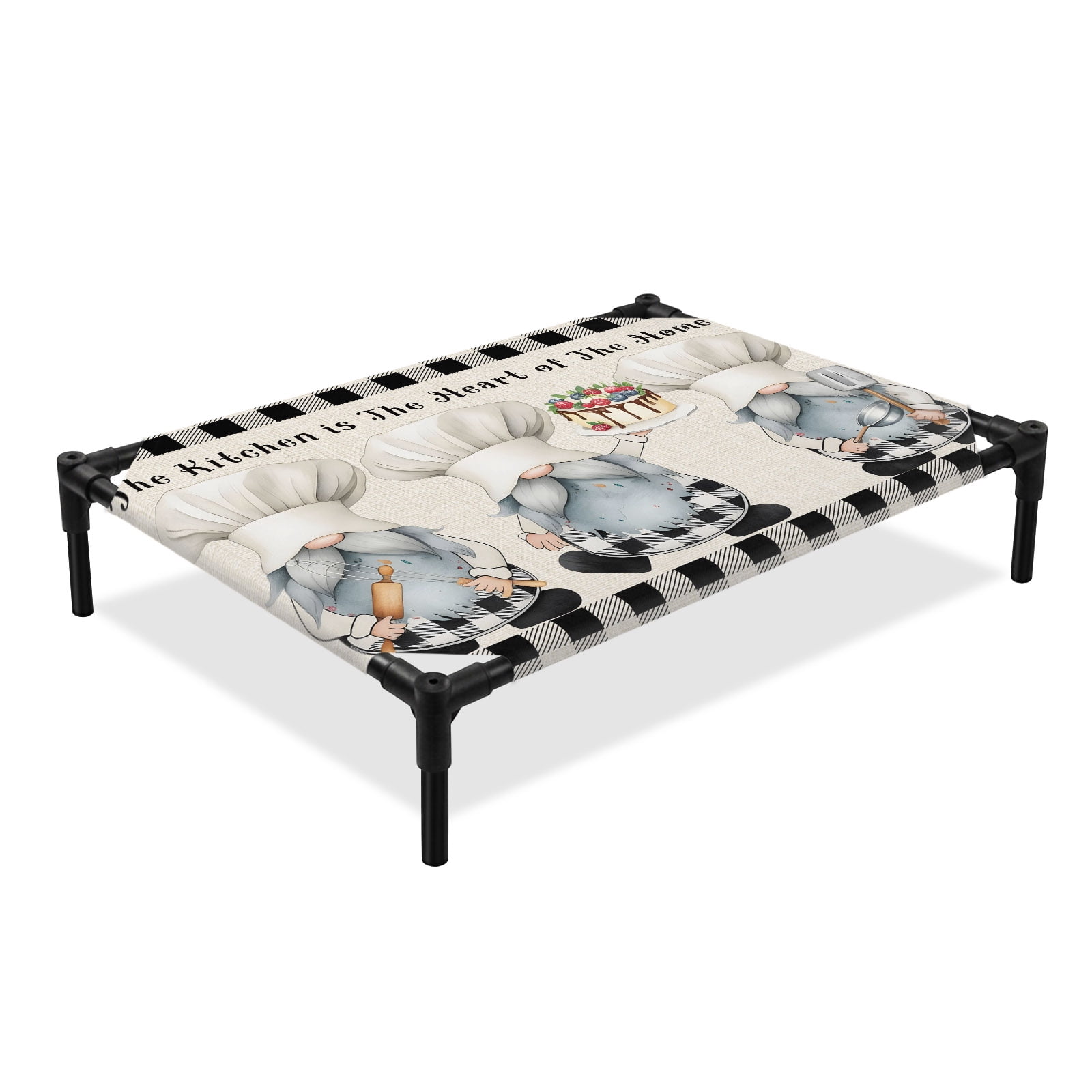 Vintage Chef Elevated Dog Bed Gnome Cake Dessert Cook Linen Black Plaid Cooling Breathable Outdoor Raised Dog Cot Bed with Metal Frame Non-Slip Feet for Large Dog 28x22in