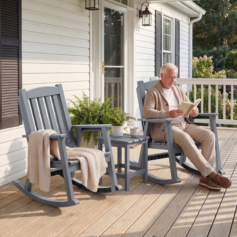 Vineego Oversized Outdoor Rocking Chair Set of 2, Heavy Duty Patio Rocker, All-Weather Resistant Front Porch Lawn Chairs for Outside, Gray