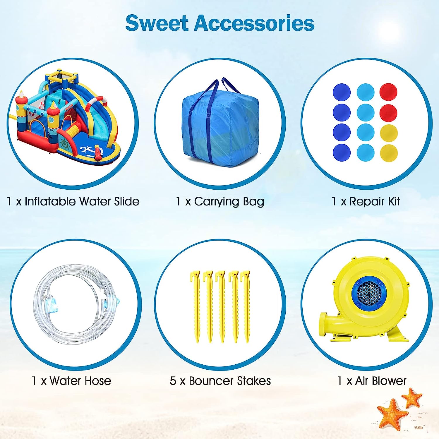 OLAKIDS Inflatable Water Slides, Nautical Themed Bouncy House with Slide, Splash Pool, Climbing Wall, Water Blast, Outdoor Jumping Castle with Hose, Carry Bag, Repairing Kit, Stakes (with Air Blower)