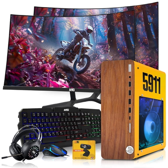 Restored HP Full Dark Gaming PC Desktop Computer 5911 AMD A10-9700, GT 1030, 16GB RAM, 512GB SSD, Dual 27 Inch Curved Monitor, RGB KBM with AI Copilot, WiFi, RGB Headphone, Webcam, Windows 11 (Refurbished)