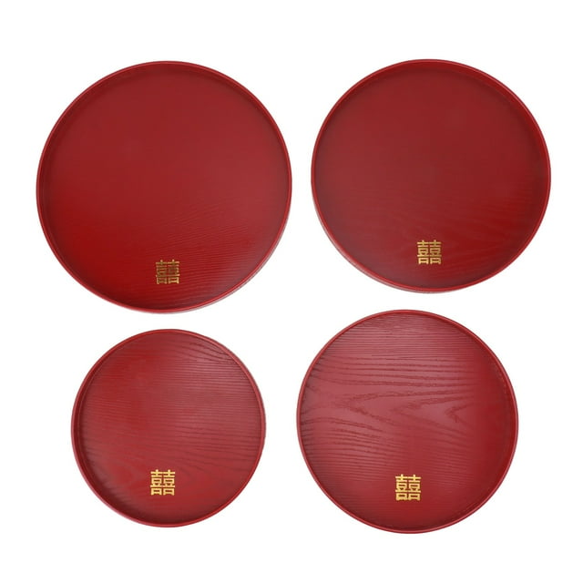 ZPSHYD Ensemble Exquis de 4 Plateaux de Service de Mariage Rouges de Style Chinois - Assiettes en Bois élégantes pour le Thé, le Café, les Collations, les Fruits et les Bonbons (Rond)