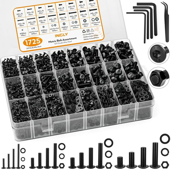INCLY 1725PCS Metric Screw Assortment Kit, M2 M3 M4 M5 Screws,Metric Bolts and Nuts Assortment with Lock and Flat Washers, Grade 12.9 Alloy Steel Hex Socket Head Screws Nuts and Bolts Assortment Kit