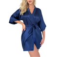 thumbnail image 2 of Women's Short Robe Silky Satin Pure Color Bathrobe Bridesmaid Bride Party Kimono V-Neck Sleepwear with Pockets Dark Blue L, 2 of 4