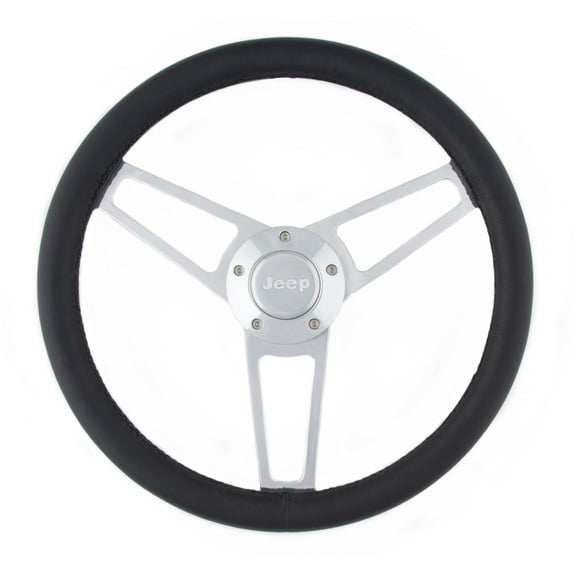 Grant 1904 Billet Series Leather Wheel; 14.75 in. Diameter; 3-Spoke Design; Black; Billet Aluminum Spokes; Jeep Logo;
