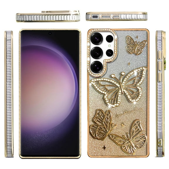 XPM for Samsung Galaxy S23 Ultra Phone Case, Luxury Butterfly Sparkle Glitter Diamond Crystal Rhinestone Shimmer Bling Plating Thick TPU Hard PC Cover for Galaxy S23 Ultra (Gold)