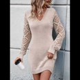 thumbnail image 4 of Women'S Mini Fitted Crochet Hollow-Out Sweater Sexy- Dress Dressy Casual Long Sleeve V Neck Knit Dresses Apricot S, 4 of 8