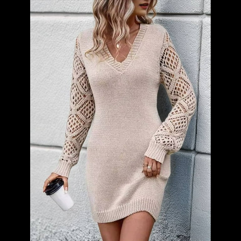 Women'S Mini Fitted Crochet Hollow-Out Sweater Sexy- Dress Dressy Casual  Long Sleeve V Neck Knit Dresses Apricot S