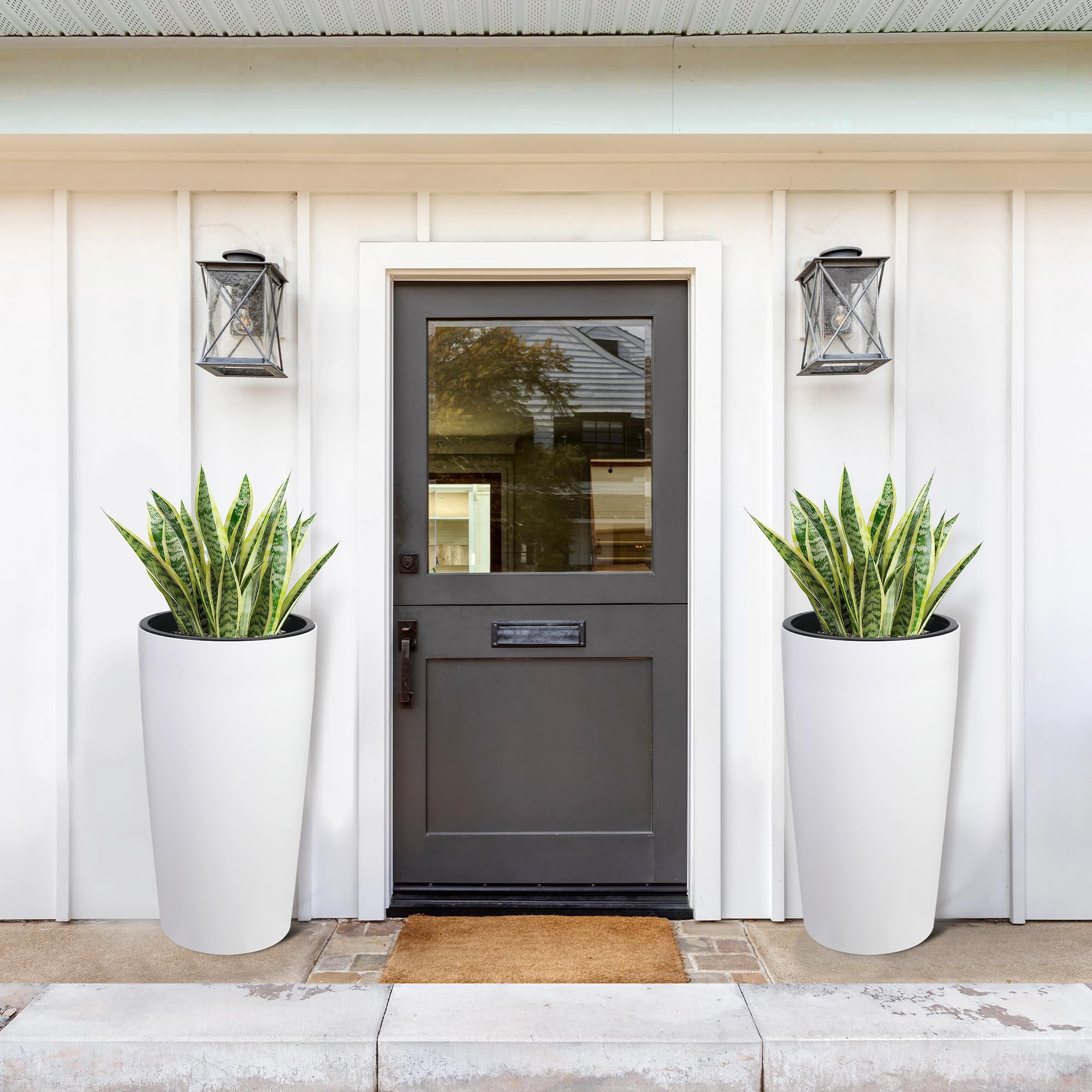 MAROUTE 30 inch Tall Planter Set of 2, Self Watering Pots with Drain Holes, Water Level Monitor & Inner Bucket, Indoor Outdoor Large Flower Pots, White