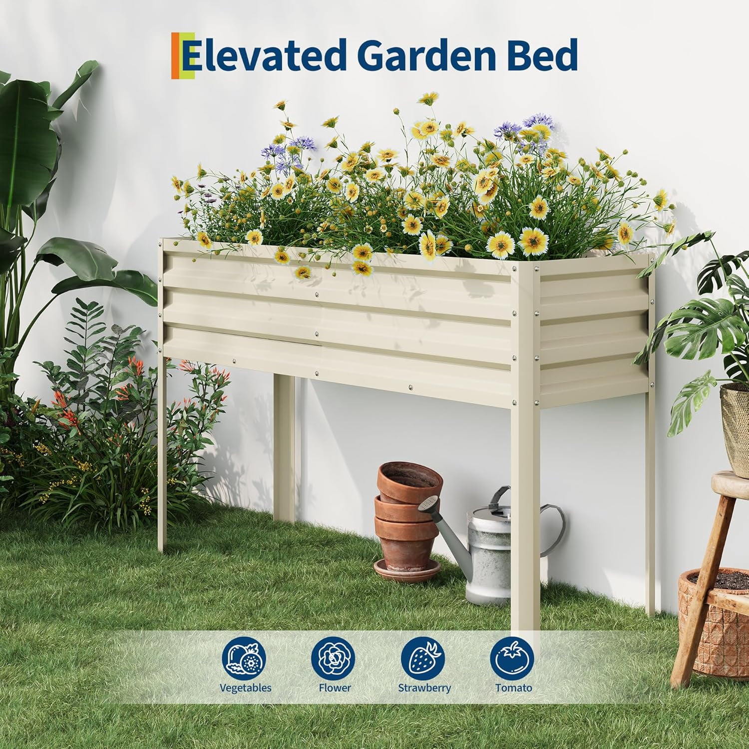 Riedhoff Metal Raised Garden Bed with Legs, 50 x 17.32 x 31.5" Planter Box, Off-white