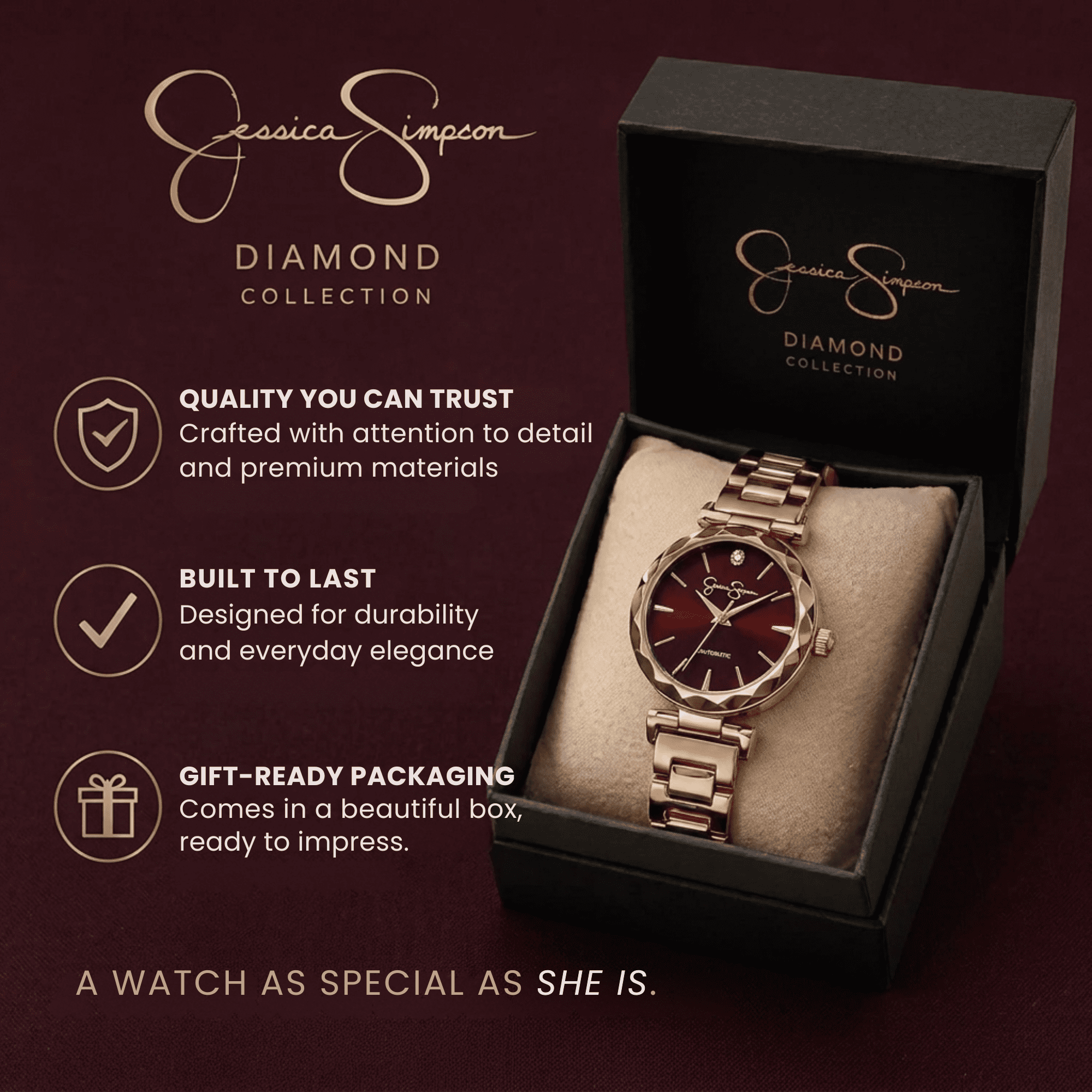 Jessica Simpson Diamond Collection Women Watch, Classic Quartz, Metal Band, Round Faceted Crystal Face, Elegant Dress Watch for Women