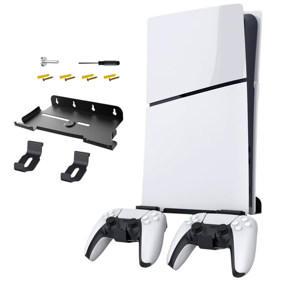 Wall-Mounted Bracket for PS5 Slim Console Metal Storage Base with Game Controller Hook Installation Screw Tool Kit-Black