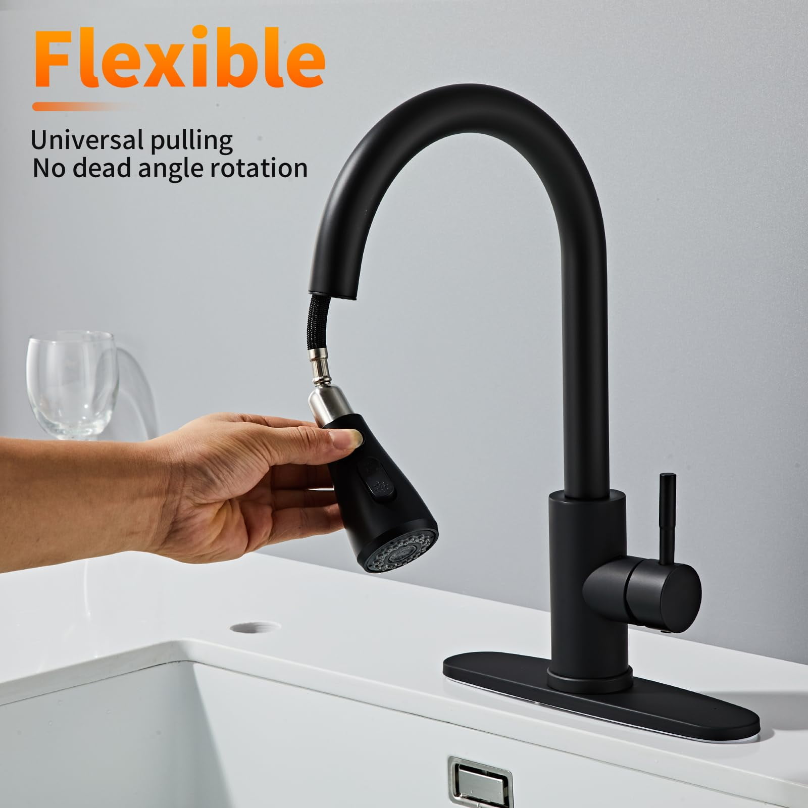 Tmdioo Black Kitchen Faucets, Waterfall Kitchen Sink Faucet, Commercial Utility Stainless Steel Kitchen Faucets,Single Handle Kitchen Sink Faucet for 3 Function