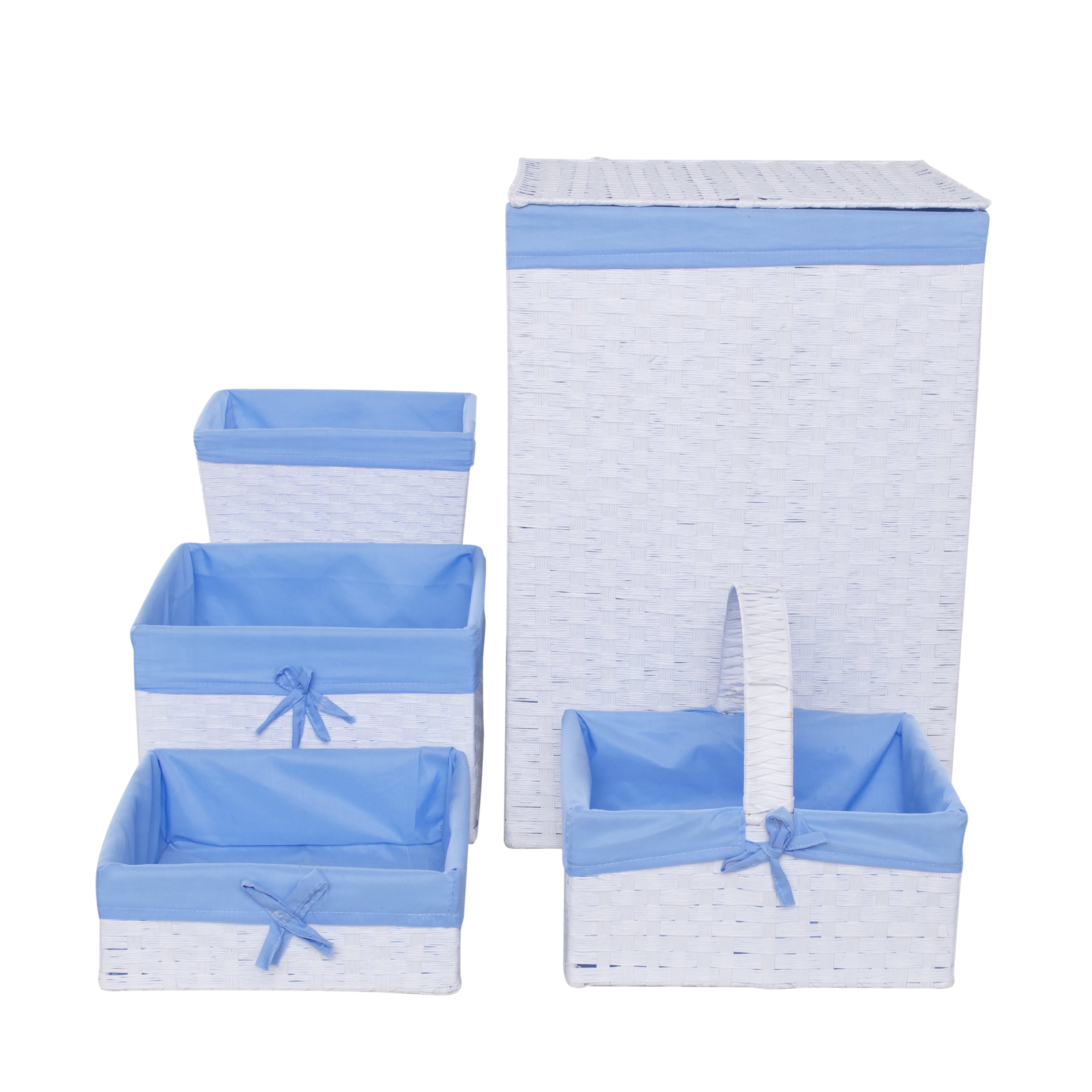 Redmon Hamper & Basket Set with Liners, 5 Piece, White & Blue