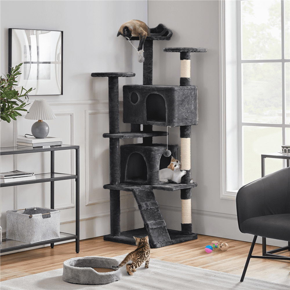 Alden Design 70" H Double Condo Cat Tree with Scratching Post Tower, Black