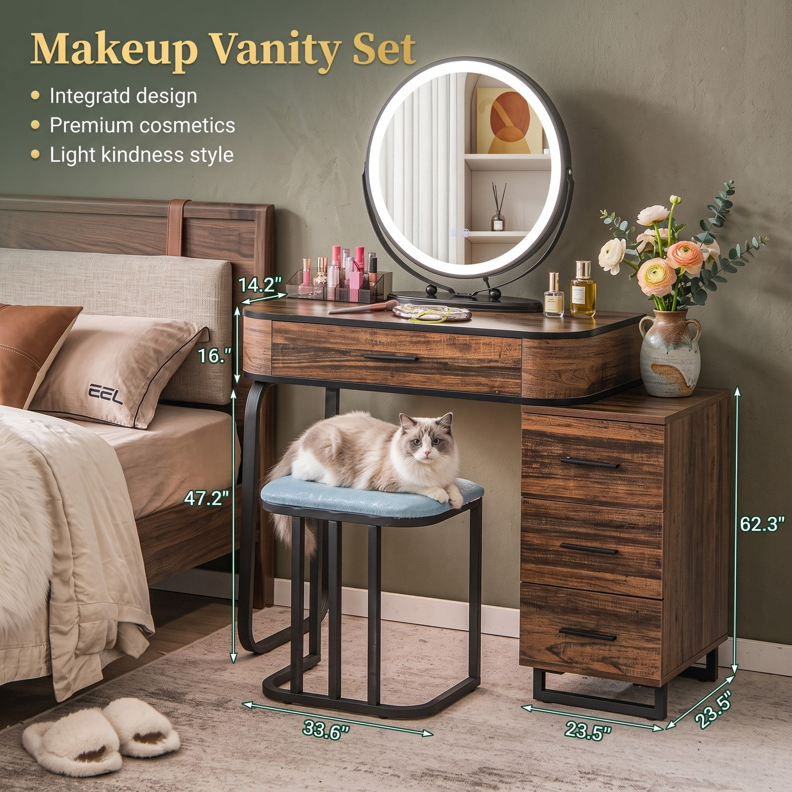 Furnibear Vanity Table Set with Lighted Mirror and Wireless Charging Station and 3 Drawer Chest and Cushioned Stool, Brown