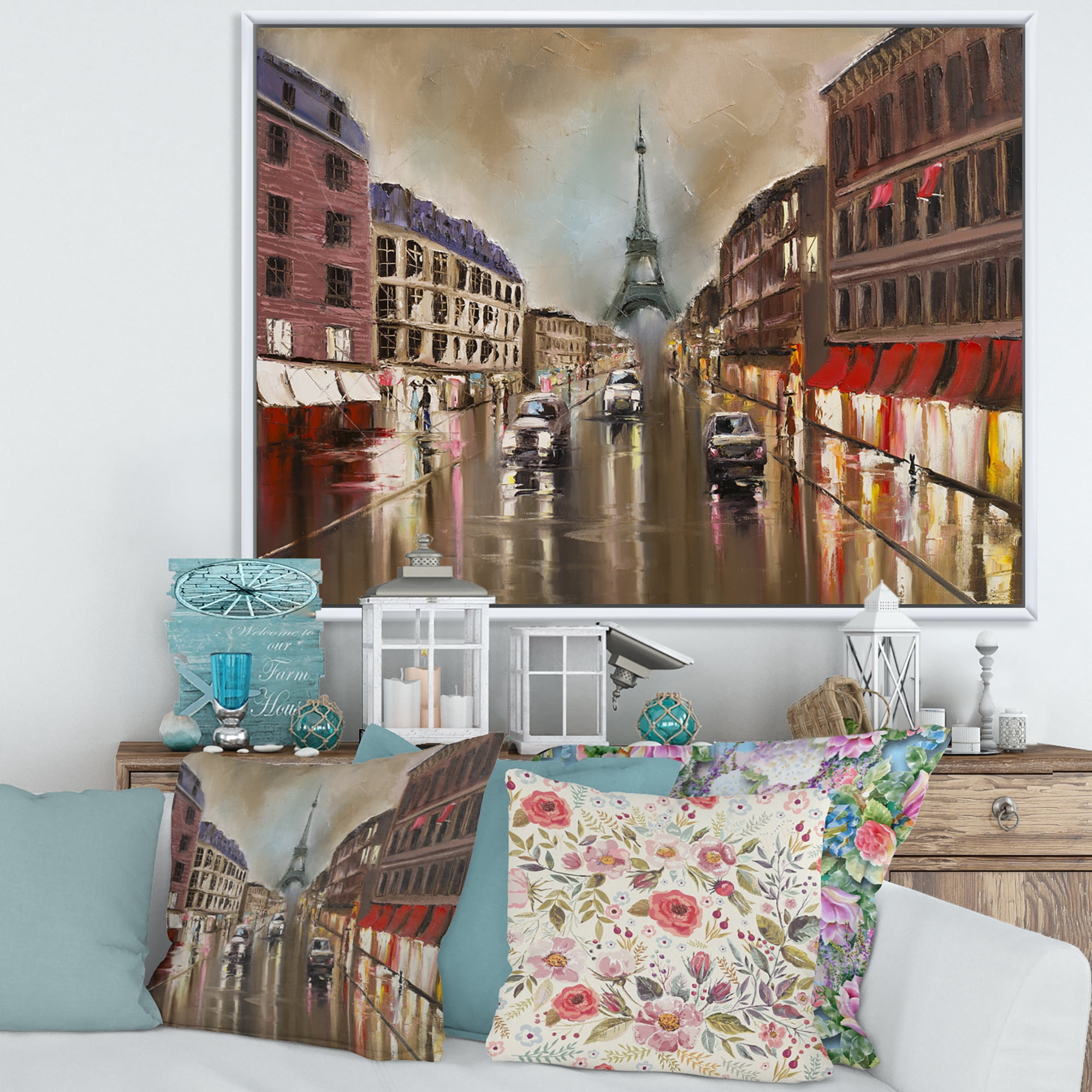 Designart 'Quiet Rainy Street In Gray Eiffel Tower Paris' Traditional Framed Canvas Wall Art Print