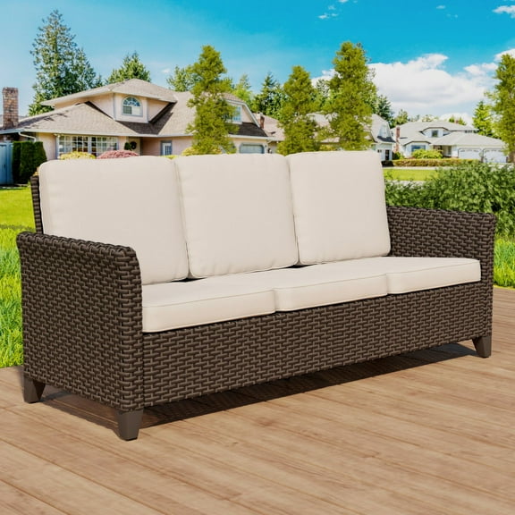 GAZEBETER Outdoor 3-Seat Patio Sofa,3-Seat Patio Wicker Couch,All-Weather Wicker Rattan Sofa Furniture Steel Frame with Deep Seat High Back No-Slip Cushioned Furniture Cover,Beige