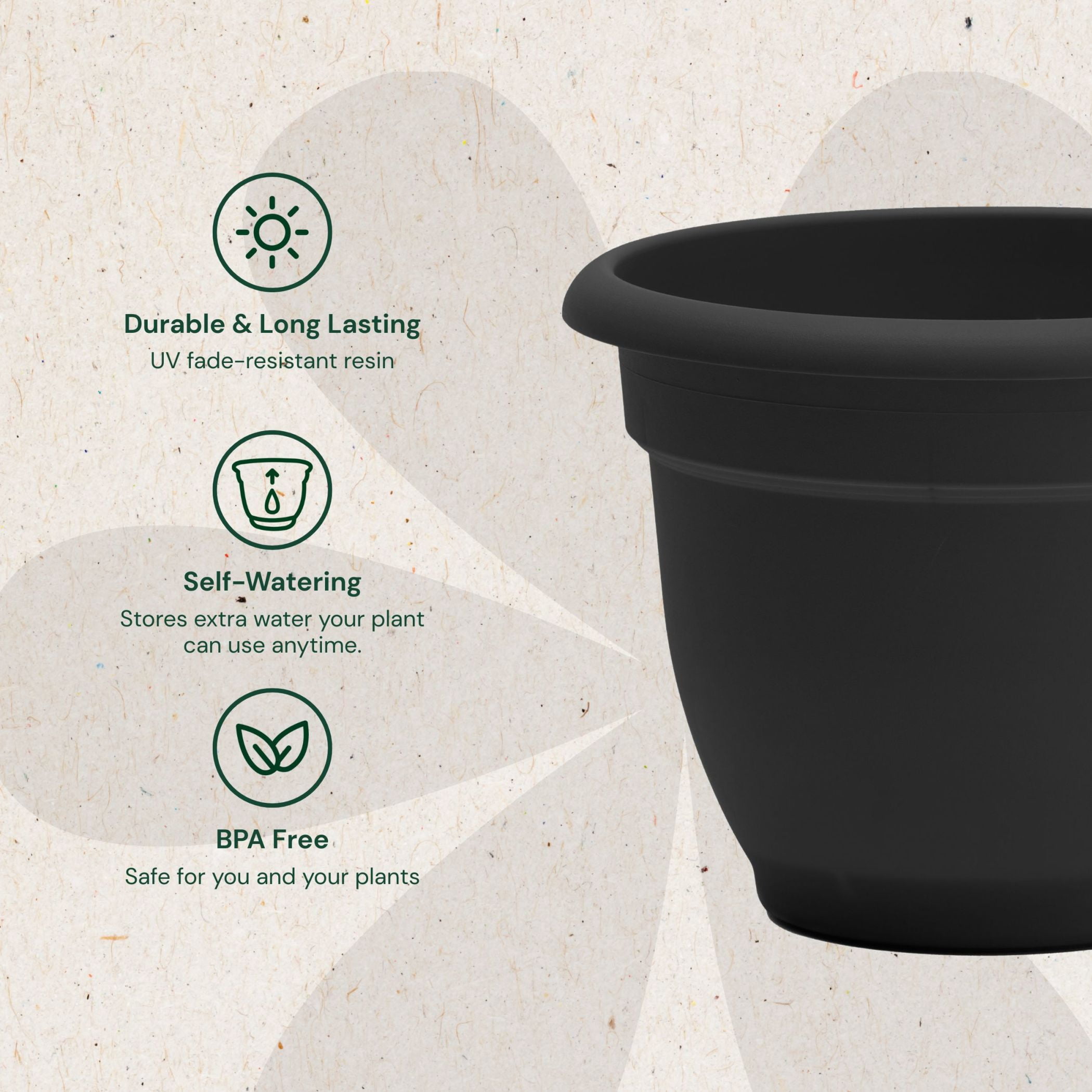 Bloem Ariana 20" Self-Watering Plastic Planter - Rolled Rim Indoor/Outdoor Garden Pot, Black