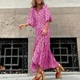 thumbnail image 2 of Puff Sleeve Dress Women Loose Casual V Neck Floral Print Holiday Sundress Plus Size Tiered Maxi Long Dress XS-5XL (X-Small, Hot Pink), 2 of 5