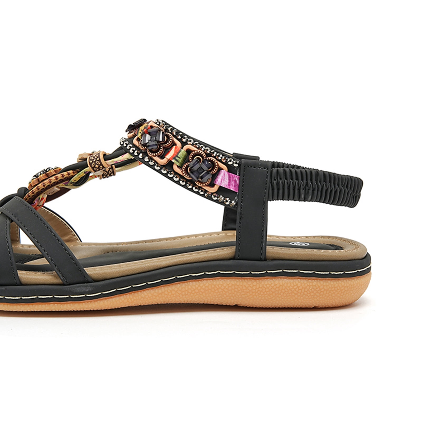 Women's sandals open toe bohemian flat style with enhanced arch support non-slip traction lasting comfortable wear sandals women designed for summer beach vacations excursions leisure,Black 35