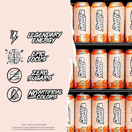 GHOST® ENERGY ZERO SUGARS ENERGY DRINK, PEACHES, 200MG NATURAL CAFFEINE, 16 FL OZ CAN