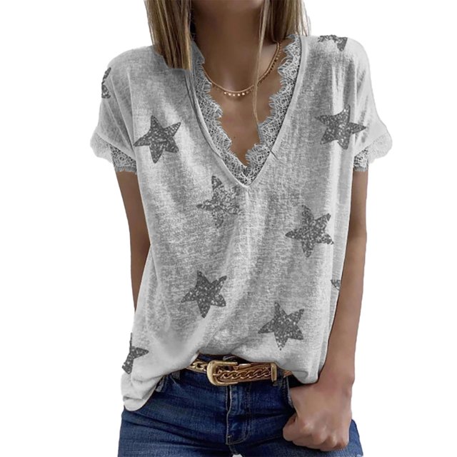 Camiseta de verano para mujer, pantalón corto informal, manga corta, estampado de estrellas, ribete de encaje, cuello en V profundo, camiseta para mujer