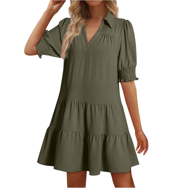 Fmbrln Summer Ruffle Flowy Mini Dress V Neck Short Sleeve T-shirts Dress Fashio Casual Loose Solid Color Sun Dress