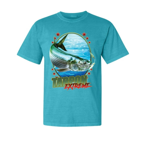 Wild Bobby, Tarpon Extreme, Fishing, Garment-Dyed Washed Look Short Sleeve Tees, Blue Lagoon, Small