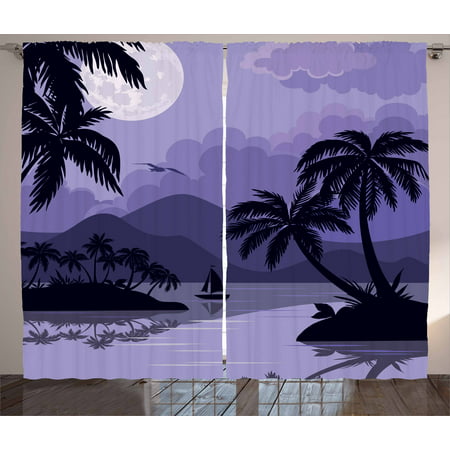 Tropical Curtains 2 Panels Set, Caribbean Island Landscape at Night Full Moon Sailboat and Palm Trees, Window Drapes for Living Room Bedroom, 108W X 63L Inches, Black Lavender White, by (Best Sailboat For Caribbean)