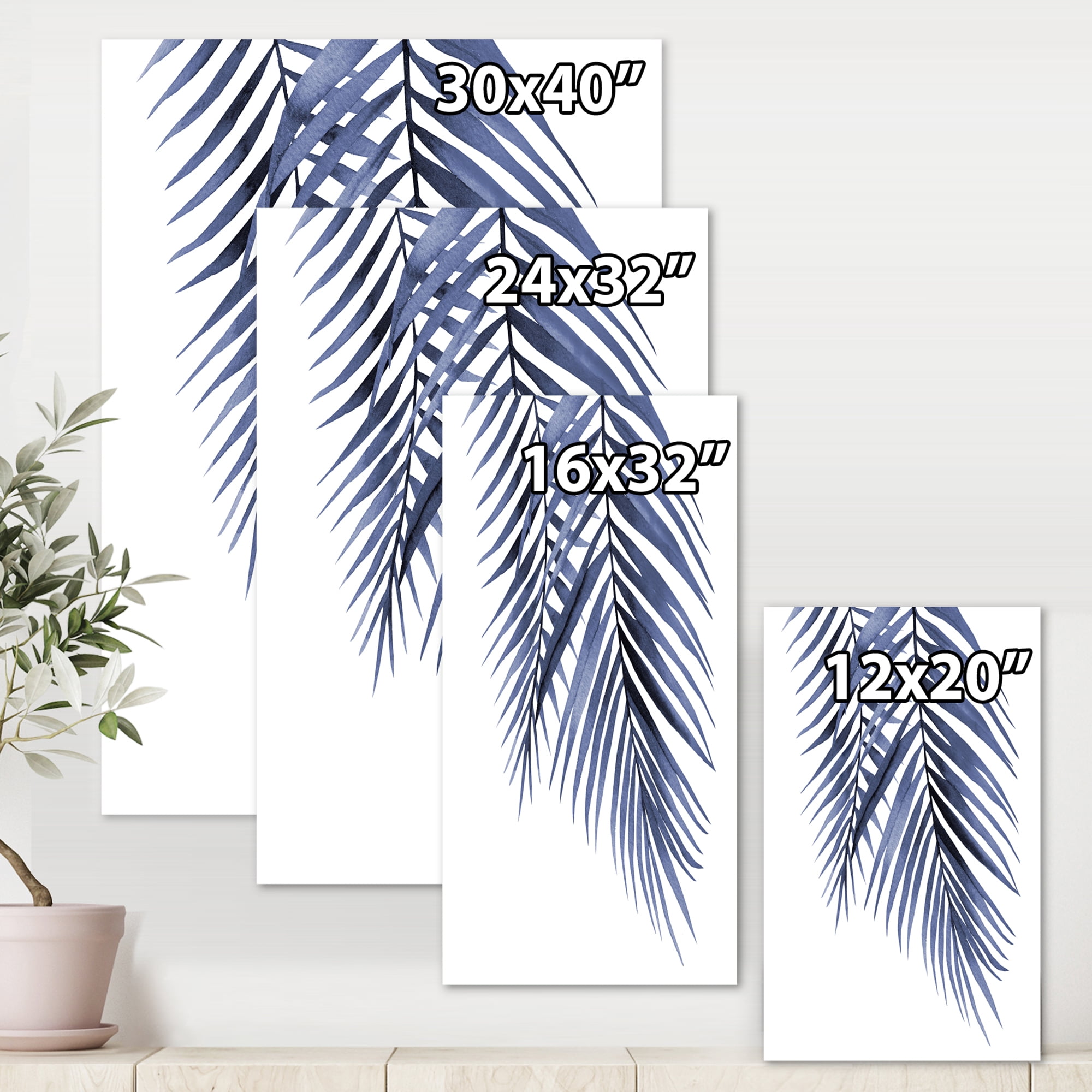Designart ' Abstract Blue Palm Leaves Tropical Branches ' Traditional Canvas Wall Art Print