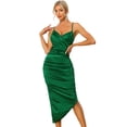 thumbnail image 1 of Vestido de verano sin mangas alto y bajo con cuello en V sexy de satén para mujer Vestido midi ceñido al cuerpo con tirantes finos Verde XS, 1 of 5