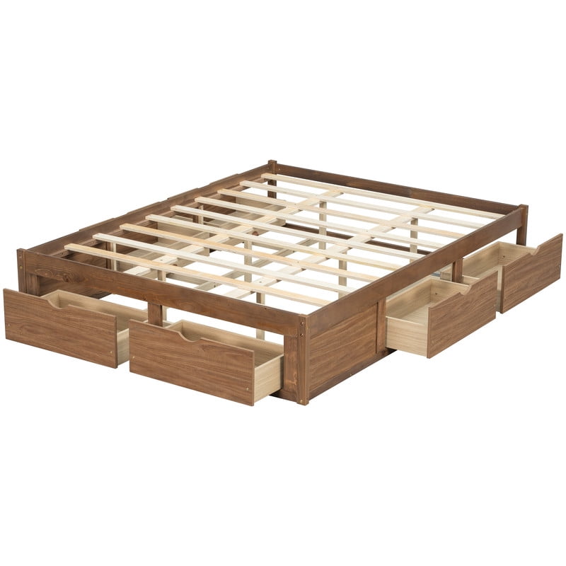 Queen/King Size No Box Spring Required Platform Bed with No Headboard, Wooden Storage Bed Frame with 6 Drawers