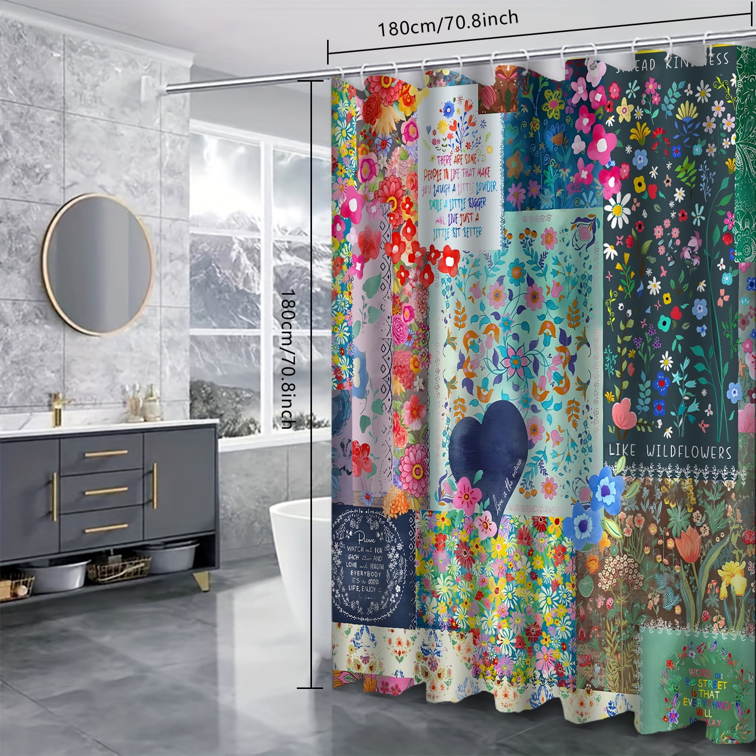 LVRLVR 1/4 Colorful Floral Patchwork & Kindness Affirmation Fabric Shower Curtain Rug Set - Bohemia Flower Bath Mat Bathroom Decoration,Multicolor, 70.8" × 70.8"