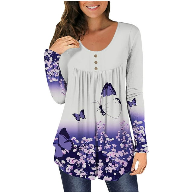 Pompotops Women Casual Floral Butterfly Printed Pullover Long Sleeve Buttons Blouse Tops