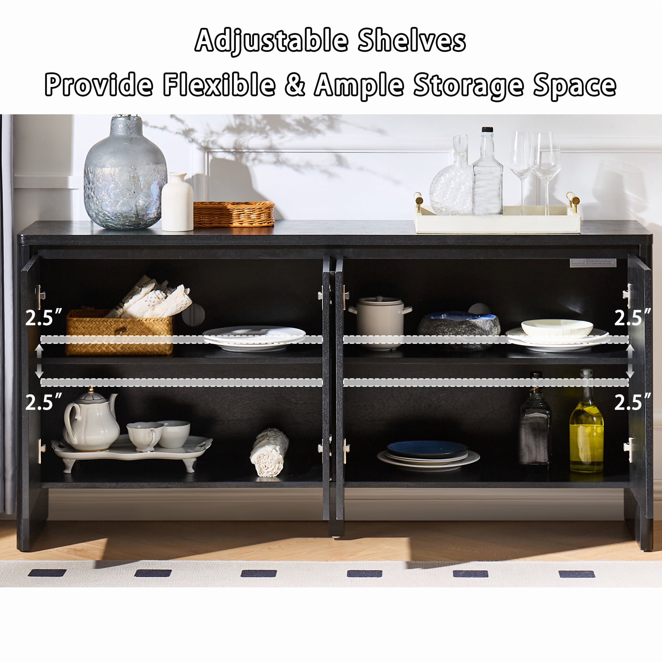 GDF Studio 61.1-Inch Mid-Century Sideboard Buffet Cabinet with Adjustable Shelves, Outlet Holes, Black