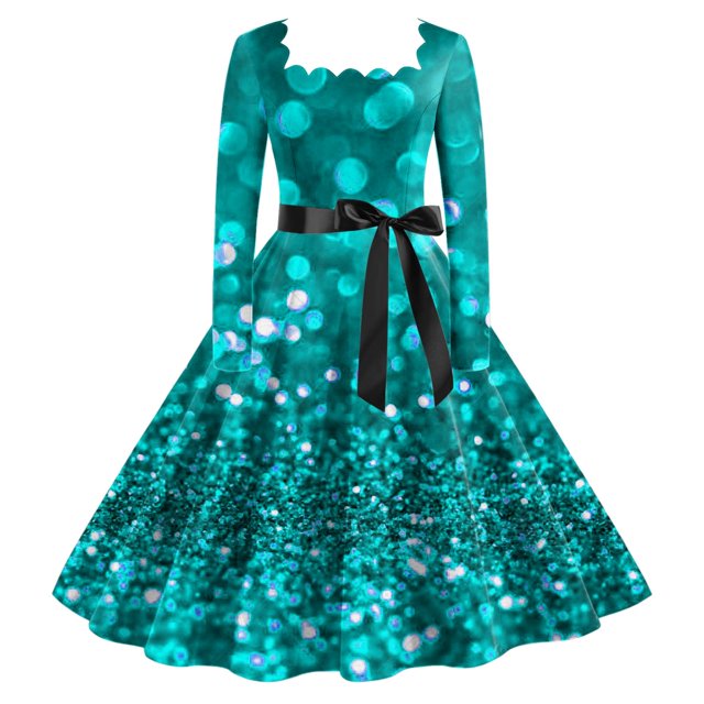 Robe de Thé Classique de Noël pour Femmes Manches Longues Robe de Soirée avec Ceinture