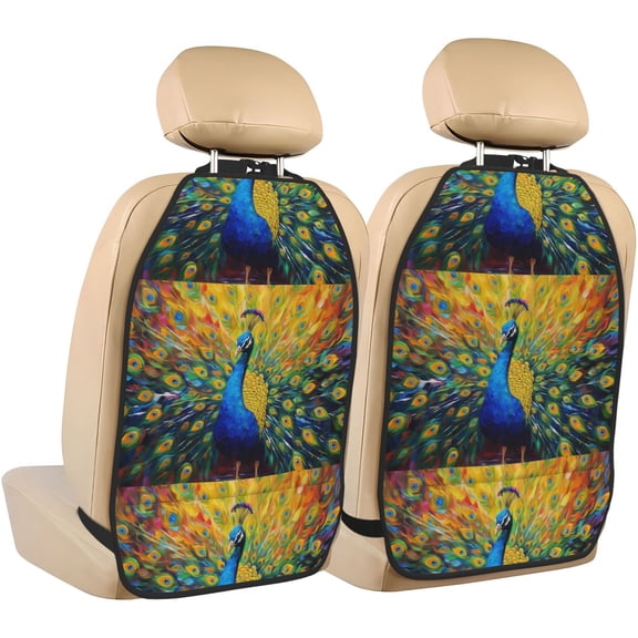 Xecao Peacocks Pattern Car Seat Back Protector 2 Pack Large Capacity Pocket, Kick Mats Back Seat Protector