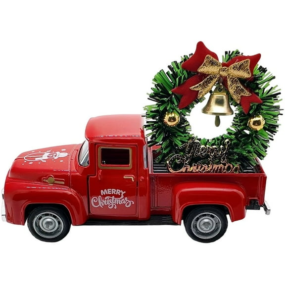 Christmas Truck Ornaments, Metal Vintage Truck Ornaments with Wreath Pink Truck Decorative Decorations for Bedroom Shelf