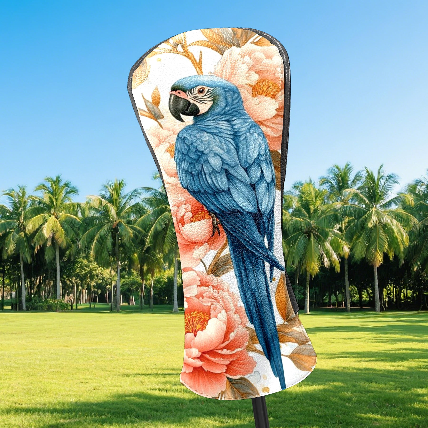 Golf Club Head Covers - Parrot & Peony Design, PU Leather, Waterproof, Fits Fairway Woods/Hybrid, Unisex, Fits Most Brands