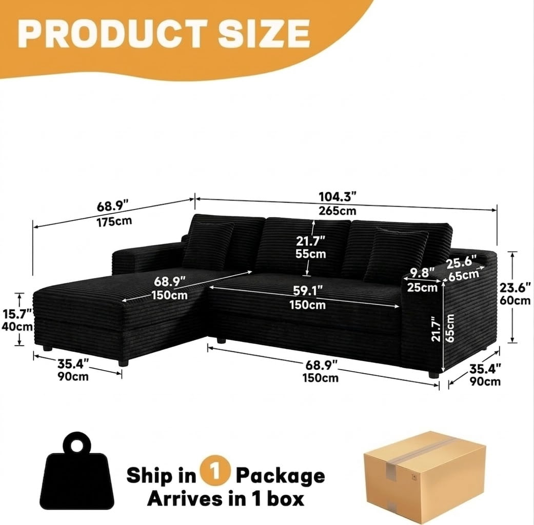Howcool 104" Cloud Sectional Sofa, Oversized Boneless Modular L-Shaped Couch with Deep Seat & Oversized Chaise, Memory Foam Compression Sofa, No Assembly for Living Room Apartment,Black