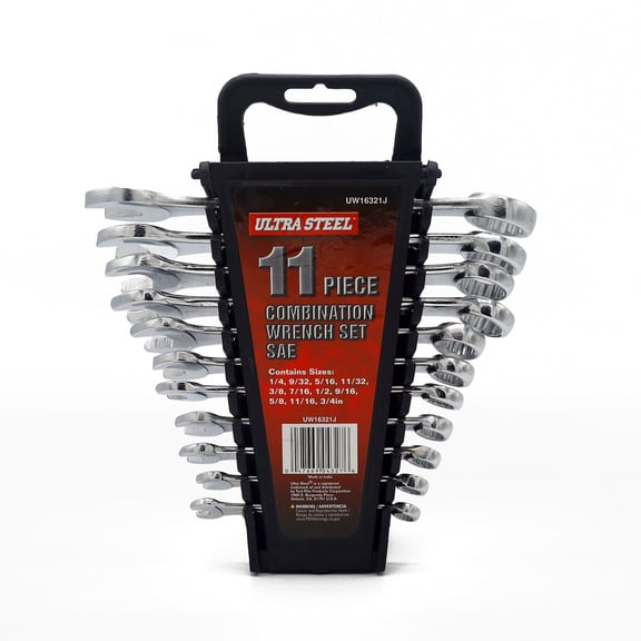 Ultra Steel 11-Piece Combination Wrench Set, SAE, 1/4" to 3/4", Chrome Finish, Wall Hanging Case