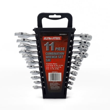Ultra Steel 11-Piece Combination Wrench Set, SAE, 1/4" to 3/4", Chrome Finish, Wall Hanging Case