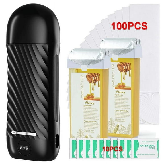 Roll on Wax Warmer Kit, Digital Roller Wax Cartridge Kit for Hair Removal, Waxing Kit with 2 Honey Wax Cartridge, 100 Wax Strips, 10 Wipes