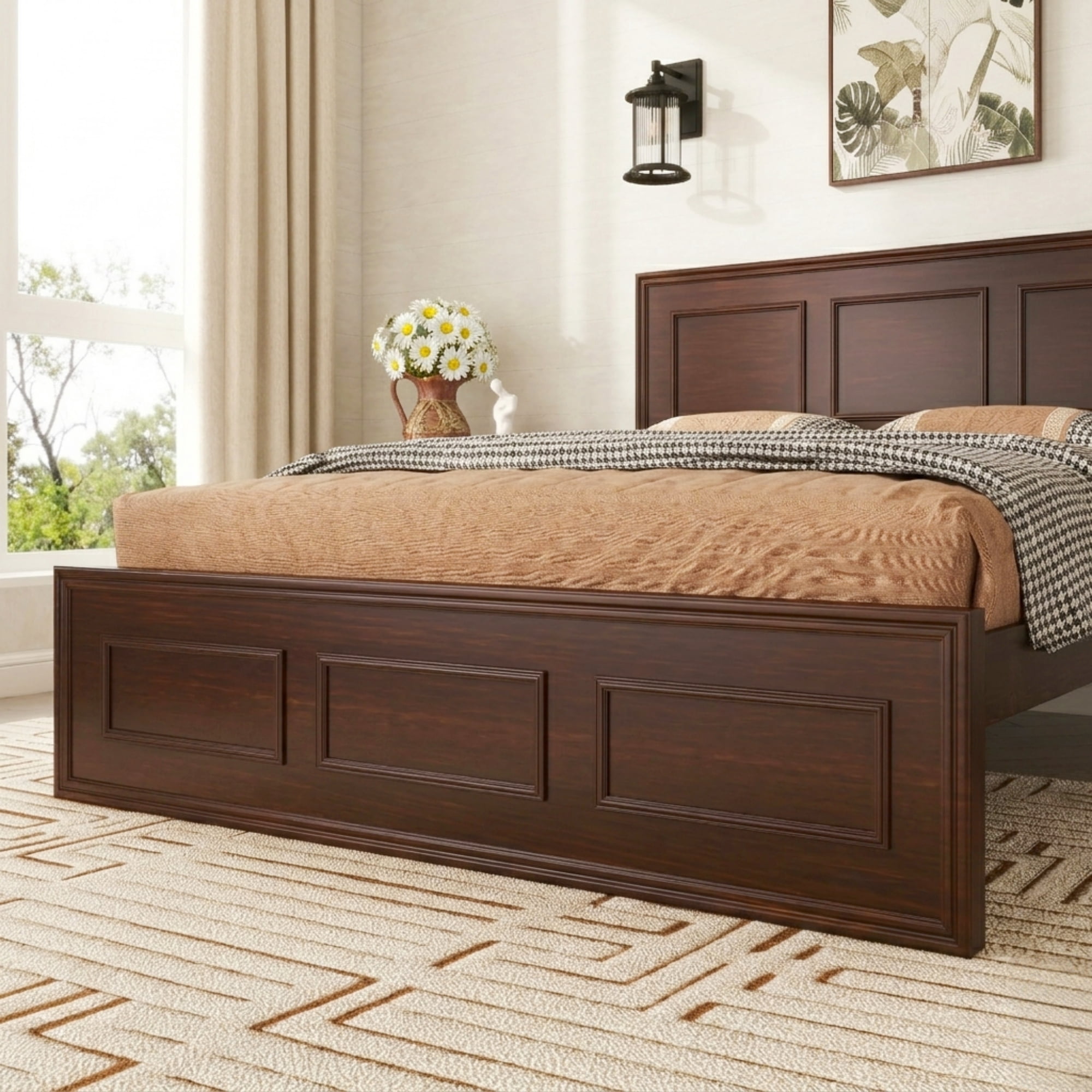 Full Bed Frame with Adjustable Height Headboard and Geometric Panel Design, Wood Platform Bed and Mattress Foundation with Strengthened Frame, Walnut