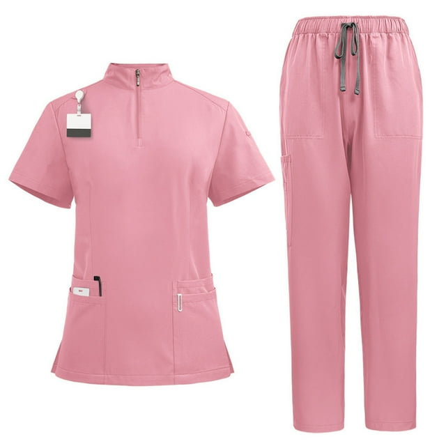 Scrubs 2 Piece Set Multiple Pockets V-Neck Top and Drawstring Scrub Pant - Medical Uniform Women Scrub Matching Set